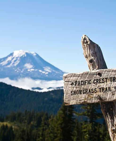 A wooden sign with the text written on it: "Pacific Crest Trail" and "Snowgrass Trail", with a view of the mountains far in the distance.