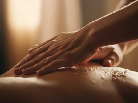 Hands brushing over a persons body during massage at a spa.