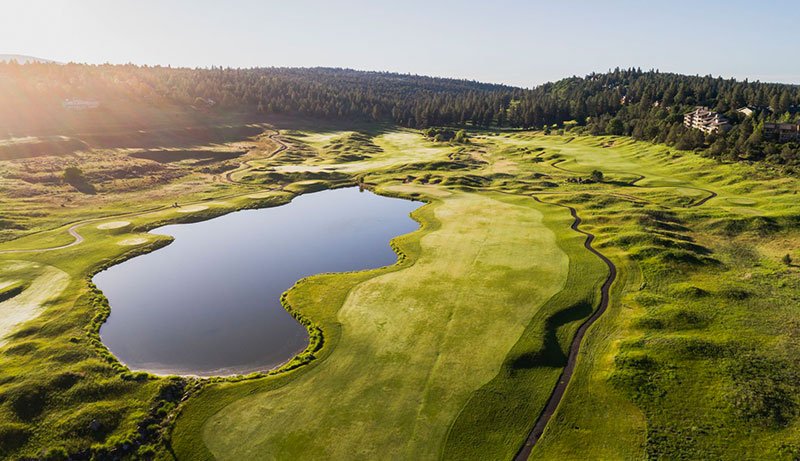 Aerial view of a golf course and a large pond off center
