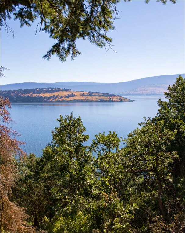 A view of an island in the distance with green trees in the foreground.