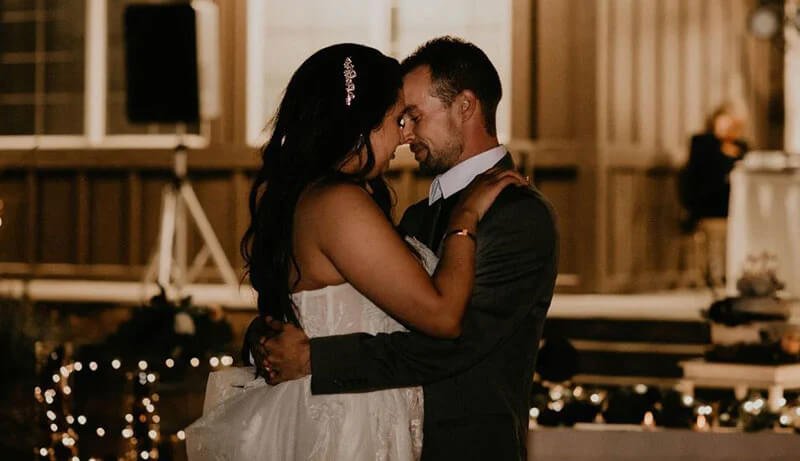a bride and groom sharing an intimate dance together.