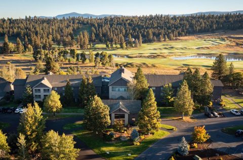 Aerial view of Running Y Resort Lodge and golf course